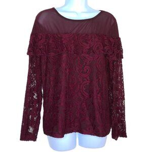 Dressberry Mesh & Lace Top Dressy Burgundy Wine Sheer Back & Sleeves EUC Sz XL